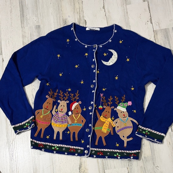 Vintage Sweaters - Vintage Blue Festive Christmas Cardigan Size Large